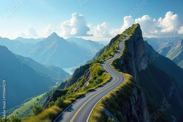 Fototapeta A winding road ascending a mountain, symbolizing career progression and the journey to success Challenges and milestones are implied in the upward path , destination, path, trees