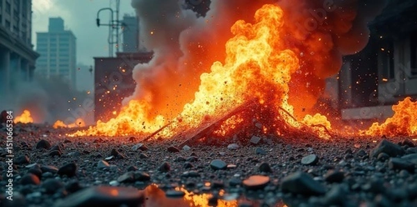 Fototapeta A chaotic scene of shattered glass and twisted metal, remnants of a powerful explosion, symbolizing the destructive force of uncontrolled fury , chaos, power