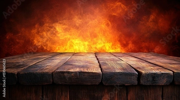 Fototapeta Wooden table in front of fiery background
