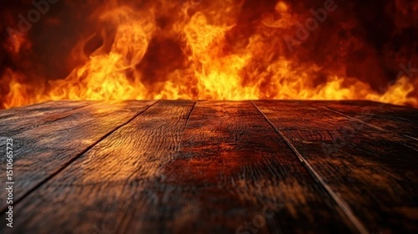 Fototapeta Wooden table with fire backdrop