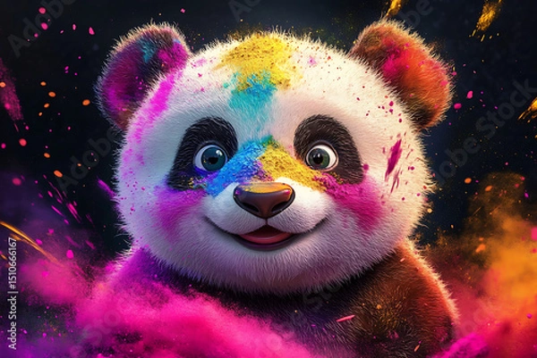 Obraz Colorful panda with vibrant paint splashes, showcasing joy and creativity in a playful atmosphere