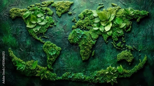 Fototapeta World map adorned with moss and leaves