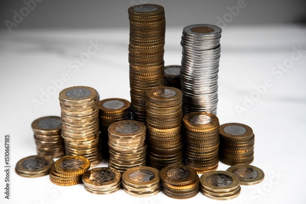 Obraz Pile of Ghanaian currency coins