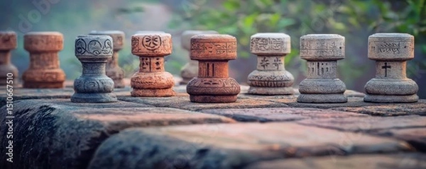 Fototapeta Ancient carved stone pillars with intricate patterns are lined up outdoors on a weathered stone surface.