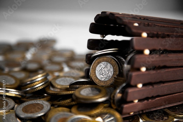 Obraz Ghanaian cedi coins in container poured on and spread on desk