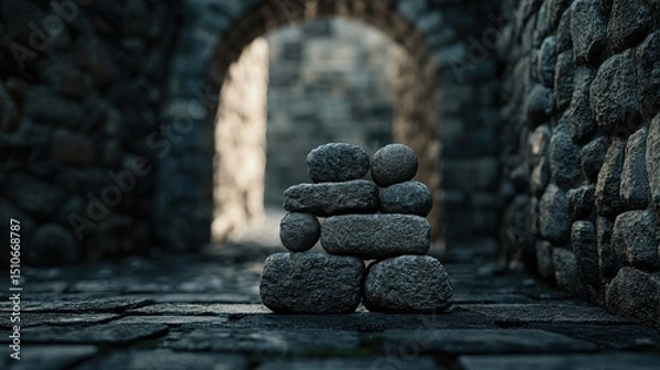 Fototapeta Stacked stones rest on a cobblestone pathway, framed by ancient stone walls and an archway in a dimly lit, historic setting.