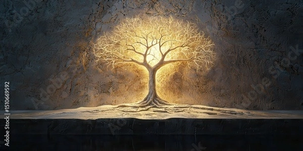 Fototapeta A glowing tree with radiant branches stands against a textured, dark background, symbolizing life and illumination.