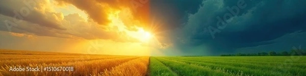 Fototapeta A contrasting image depicting a bright, sunny field juxtaposed with a dark, stormy sky; symbolizing the duality of happiness and pain, joy and sorrow , ugliness, moody, anxiety