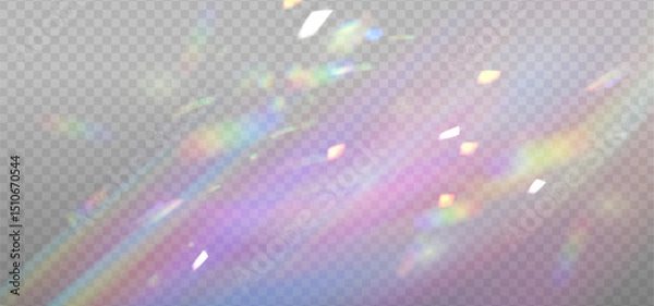 Fototapeta Iridescent crystal leak glare reflection effect overlay. Optical rainbow ray lights, glare, leak, streak overlay. Vector colorful lenses and light flares with transparent effects on light background.