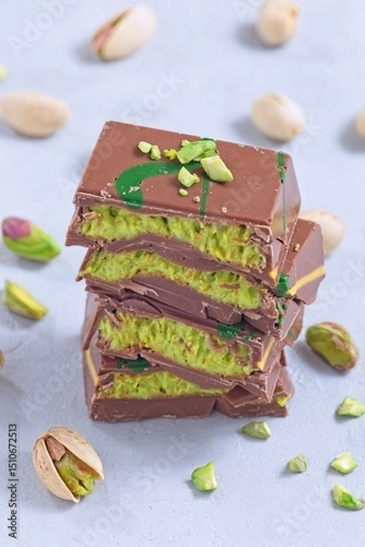 Obraz Stack of pistachio Dubai style chocolate bars with whole pistachios showing filling, vertical