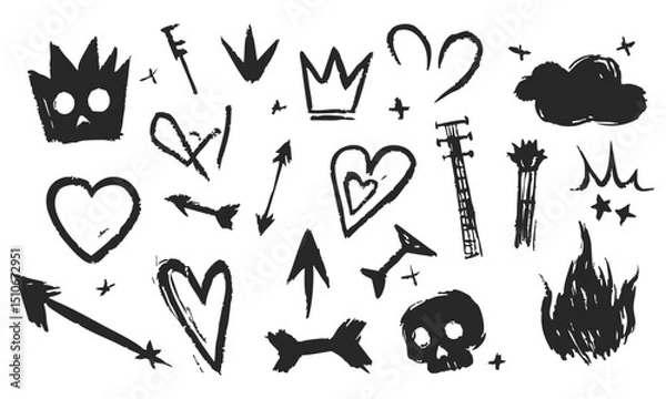 Obraz Grunge Doodle Elements Silhouette Set. Hearts, Arrows, Crowns, And Skulls For Creative Design. Isolated Vector Illustration Collection