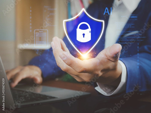 Fototapeta Cyber ​​security shield icon showing businessman hand. Concept of secure access, personal data authentication, AI technology protection in business confidentiality.