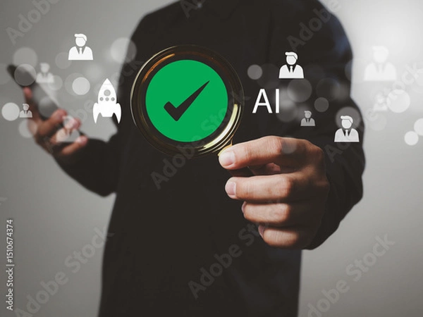 Obraz Human resource management, employee search, through a magnifying glass, employee recruitment process, job interviews, hiring through AI technology assistance in selecting job applicants