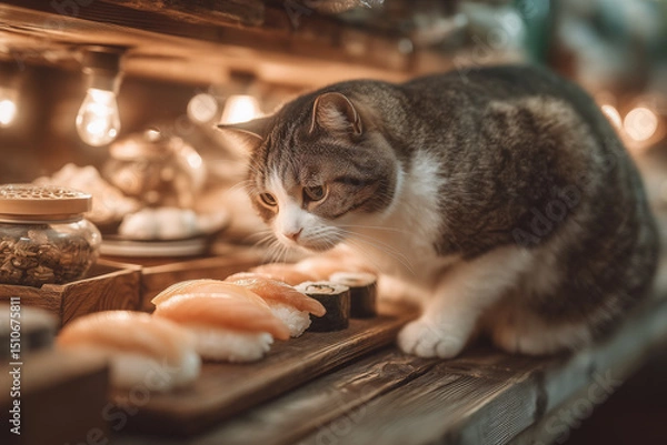 Fototapeta a cat that is eating sushi
