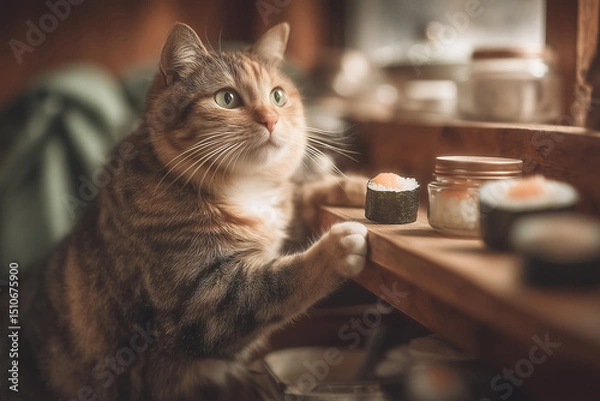 Fototapeta a cat that is eating sushi
