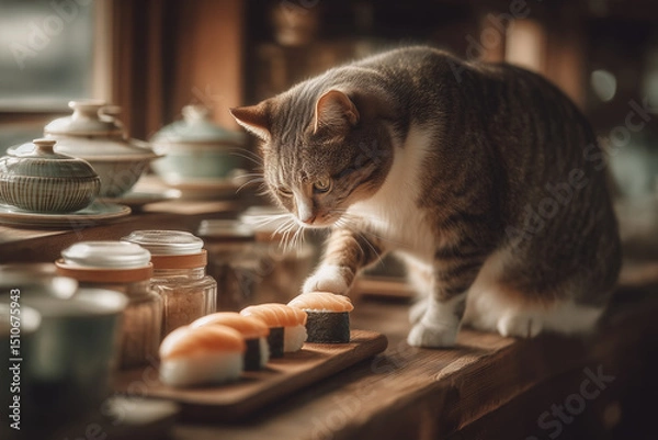 Fototapeta a cat that is eating sushi
