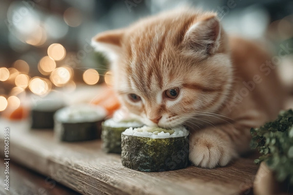 Fototapeta a cat that is eating sushi