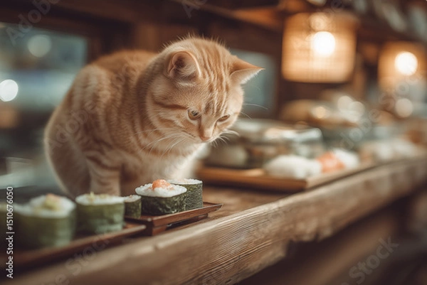 Fototapeta a cat that is eating sushi
