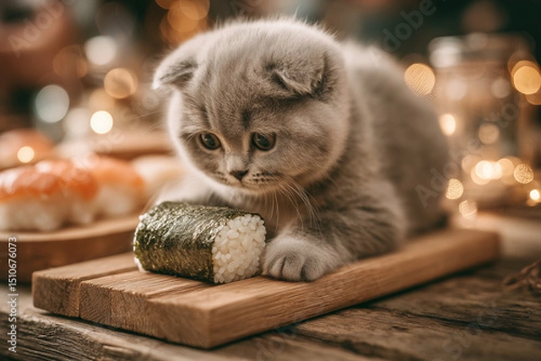 Fototapeta a cat that is eating sushi