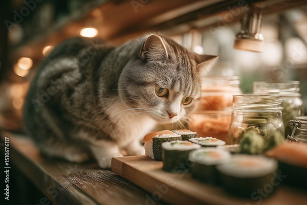 Fototapeta a cat that is eating sushi