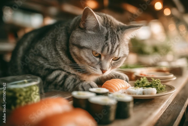 Fototapeta a cat that is eating sushi