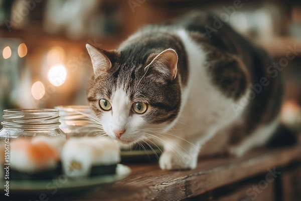 Fototapeta a cat that is eating sushi