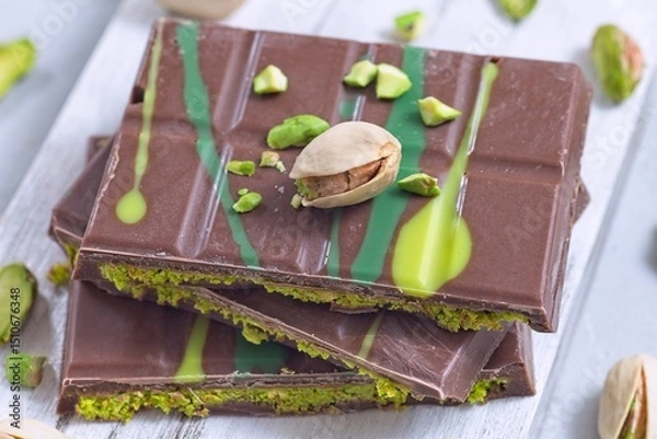 Fototapeta Dubai style milk chocolate bar with pistachio and kadaifi filing, lying on cutting board, horizontal