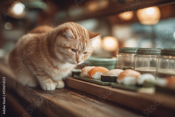 Fototapeta a cat that is eating sushi