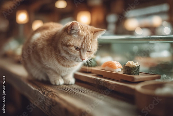 Fototapeta a cat that is eating sushi