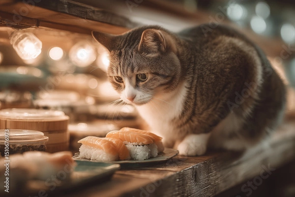 Fototapeta a cat that is eating sushi