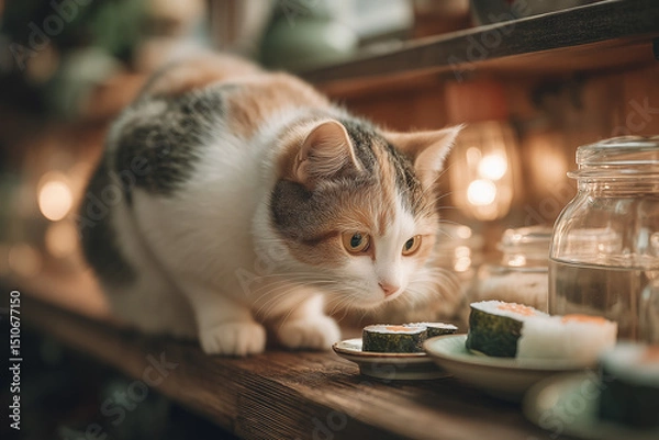 Fototapeta a cat that is eating sushi