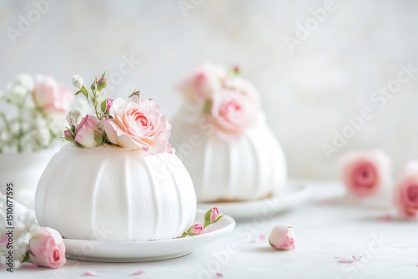 Obraz Elegant mini pavlova desserts topped with pink roses and delicate flowers. 