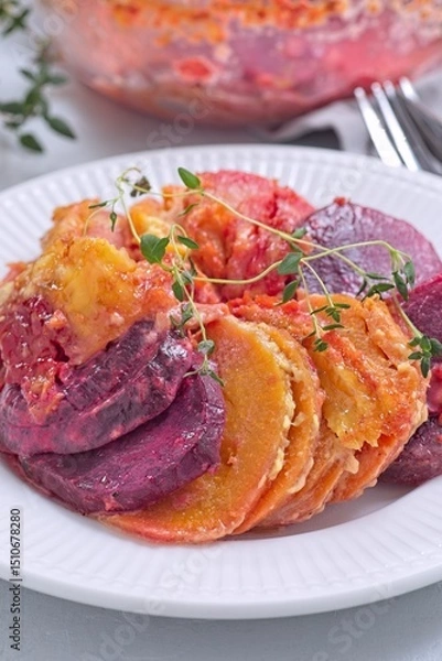 Fototapeta Sweet potato, parsnips and beet root gratin with thyme and melted cheese, on white plate, vertical