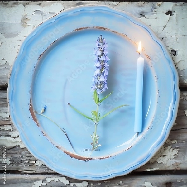 Fototapeta Aesthetic composition of lavender bloom and burning candle on blue plate