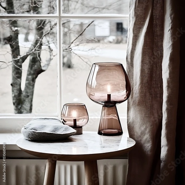 Fototapeta Ambient indoor lighting with decorative glass lamps and elegant table decor