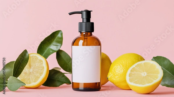 Obraz Amber cosmetic bottle with a blank label surrounded by fresh lemons and green leaves. 