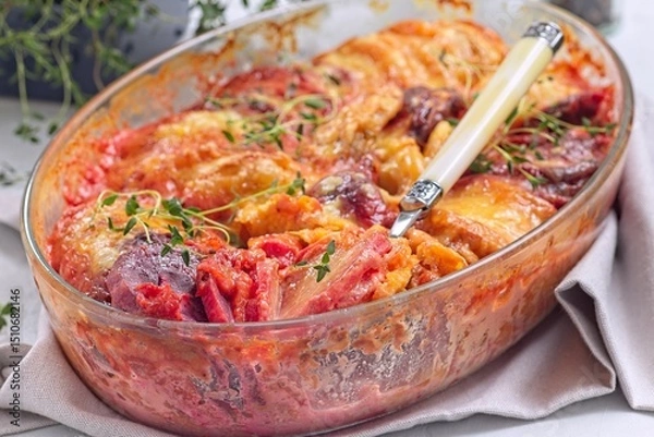 Fototapeta Au gratin with sweet potato, parsnips, beet root and melted cheese, in glass dish, horizontal