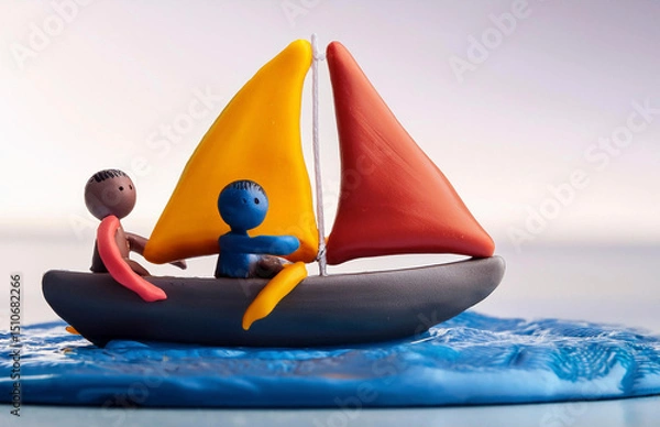 Fototapeta Colorful clay figurines sailing a toy boat with bright sails on a blue sea background. Fun, playful, and creative scene.