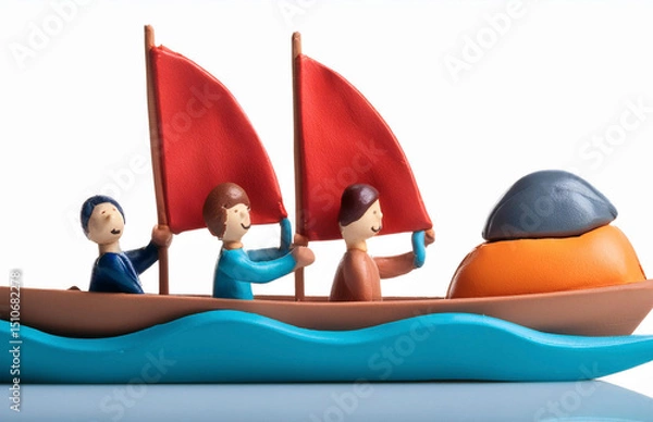 Fototapeta Colorful clay figurines sailing a toy boat with bright sails on a blue sea background. Fun, playful, and creative scene.