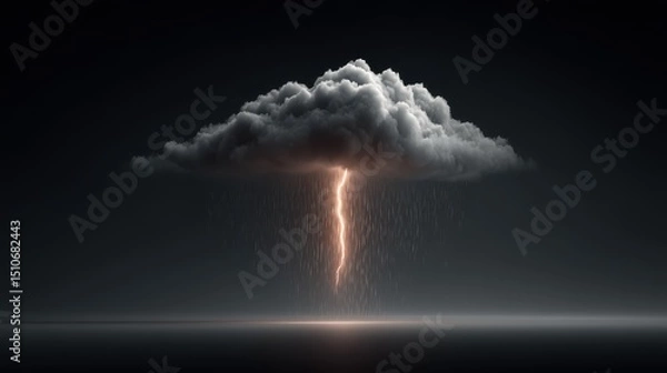 Obraz A bright lightning strike illuminating dense rain clouds in a night sky, with raindrops faintly visible as they fall