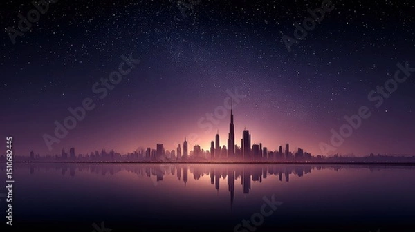 Obraz A sleek sci-fi skyline under a deep violet sky scattered with stars and digital holograms, reflecting a high-tech civilizations night life