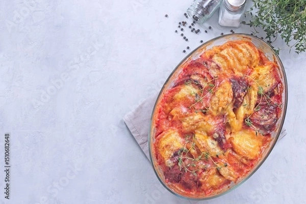 Fototapeta Gratin with sweet potato, parsnips, beet root and melted cheese, horizontal top view, copy space