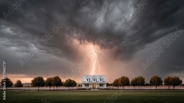 Obraz A stormy sky alive with white lightning streaks illuminating thick clouds above a rural farm at dusk
