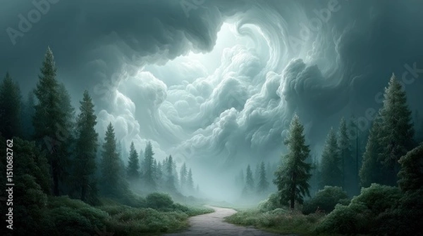 Obraz A stormy sky with swirling magical winds tearing through an enchanted forest, bending towering trees and illuminating glowing runes hidden among the branches