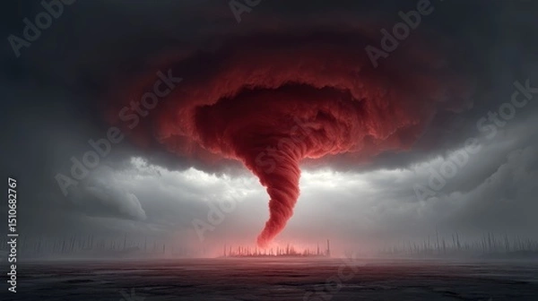 Obraz A swirling tornado infused with fiery magic spinning above a desolate fantasy wasteland, casting eerie red light and smoke across the barren terrain