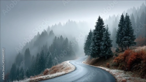 Obraz A winding road disappearing into a dense fog on a chilly morning, trees lined along the misty path