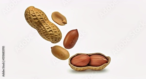 Fototapeta A single peanut captured mid-fall, perfectly isolated on a white background with a clipping path and full depth of field, showcasing its natural form.