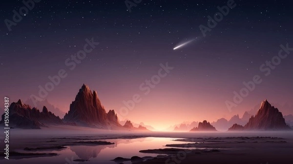 Obraz Alien sky filled with glowing rings and floating debris, a bright comet streaking across the starry purple horizon above a desert with alien rock formations