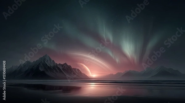 Obraz Alien sky showcasing a massive glowing ringed planet low on the horizon, surrounded by swirling purple and green auroras, with sharp alien mountain silhouettes below