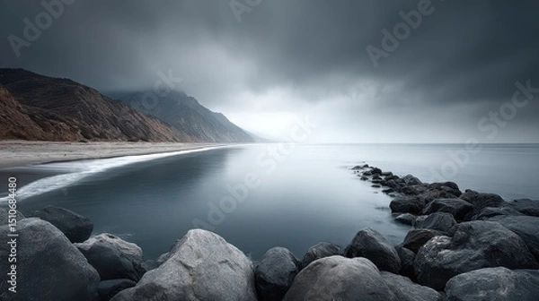 Obraz A coastal scene with an overcast sky filled with heavy, rolling clouds casting a cool, gray tone over calm ocean waters and rocky shorelines